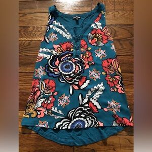 Express Teal Bright Floral Zip Front Sleeveless Top